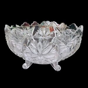 Vintage Four Footed Cut Crystal Flower Daisy Primrose Scalloped Edge Bowl Candy